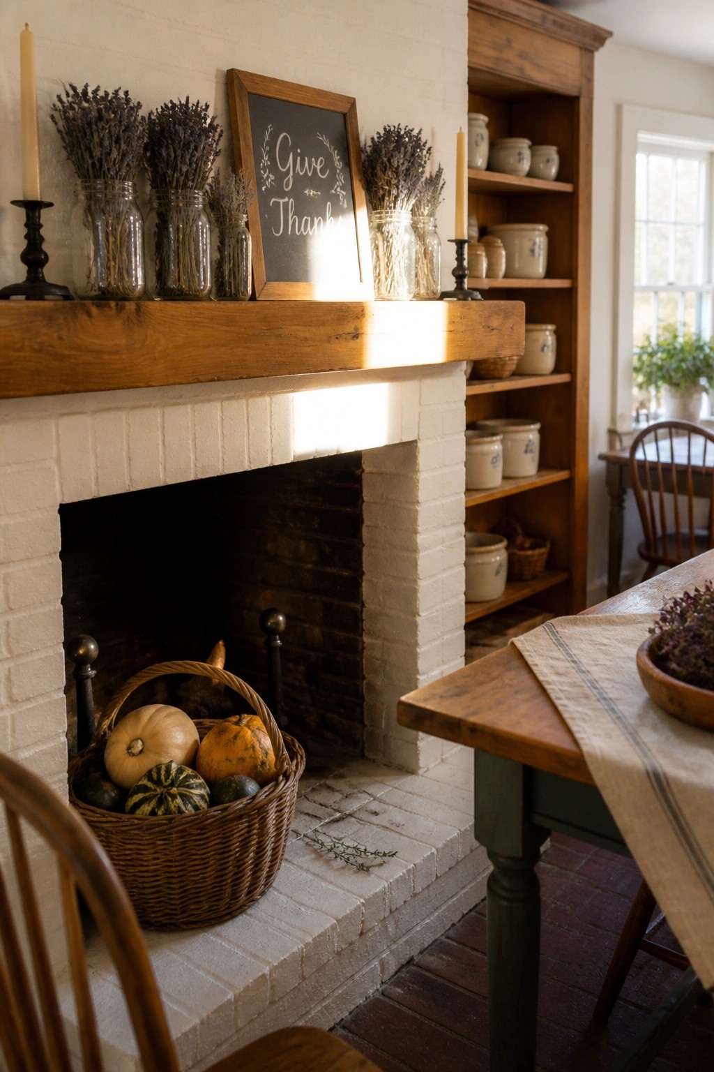 A white brick fireplace mantel decorated with glass jars of dried lavender, a framed chalkboard sign, and a wicker basket of pumpkins and gourds placed inside the hearth opening.