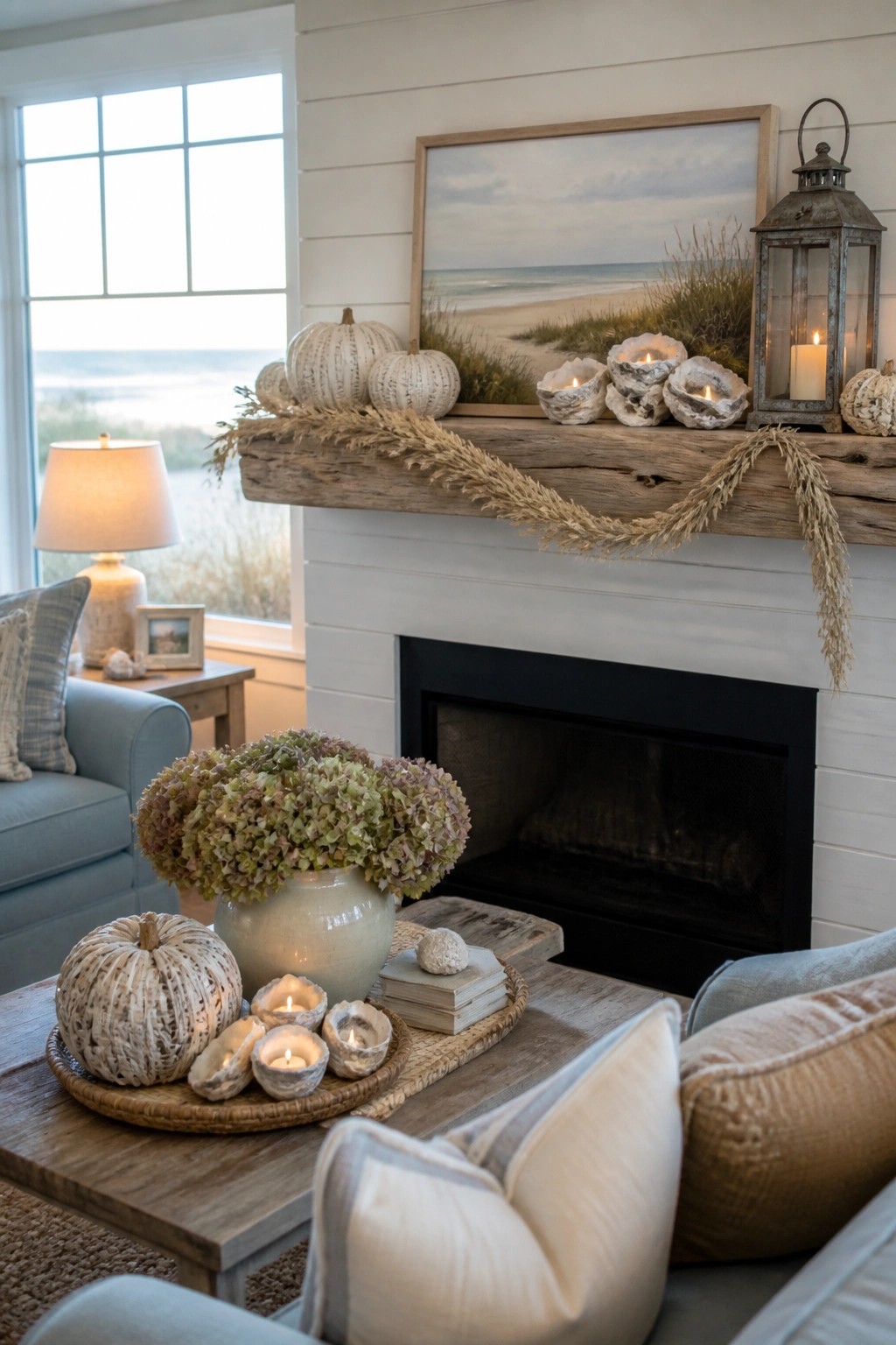 A white shiplap fireplace with a wooden mantel decorated with white pumpkins, dried grasses, a metal lantern, and candles set in oyster shells, plus a coastal landscape painting above.