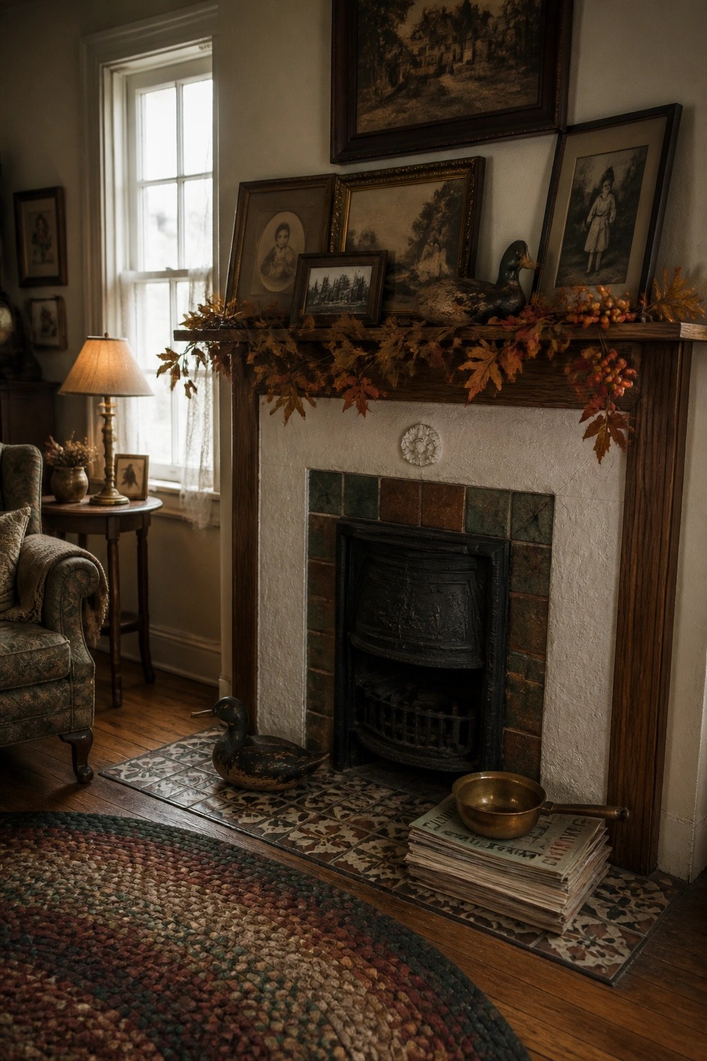 A living room fireplace with a wooden mantel decorated with a garland of autumn leaves and berries, framed photos, and a taxidermy duck, plus a tiled hearth and stacked books on the floor.