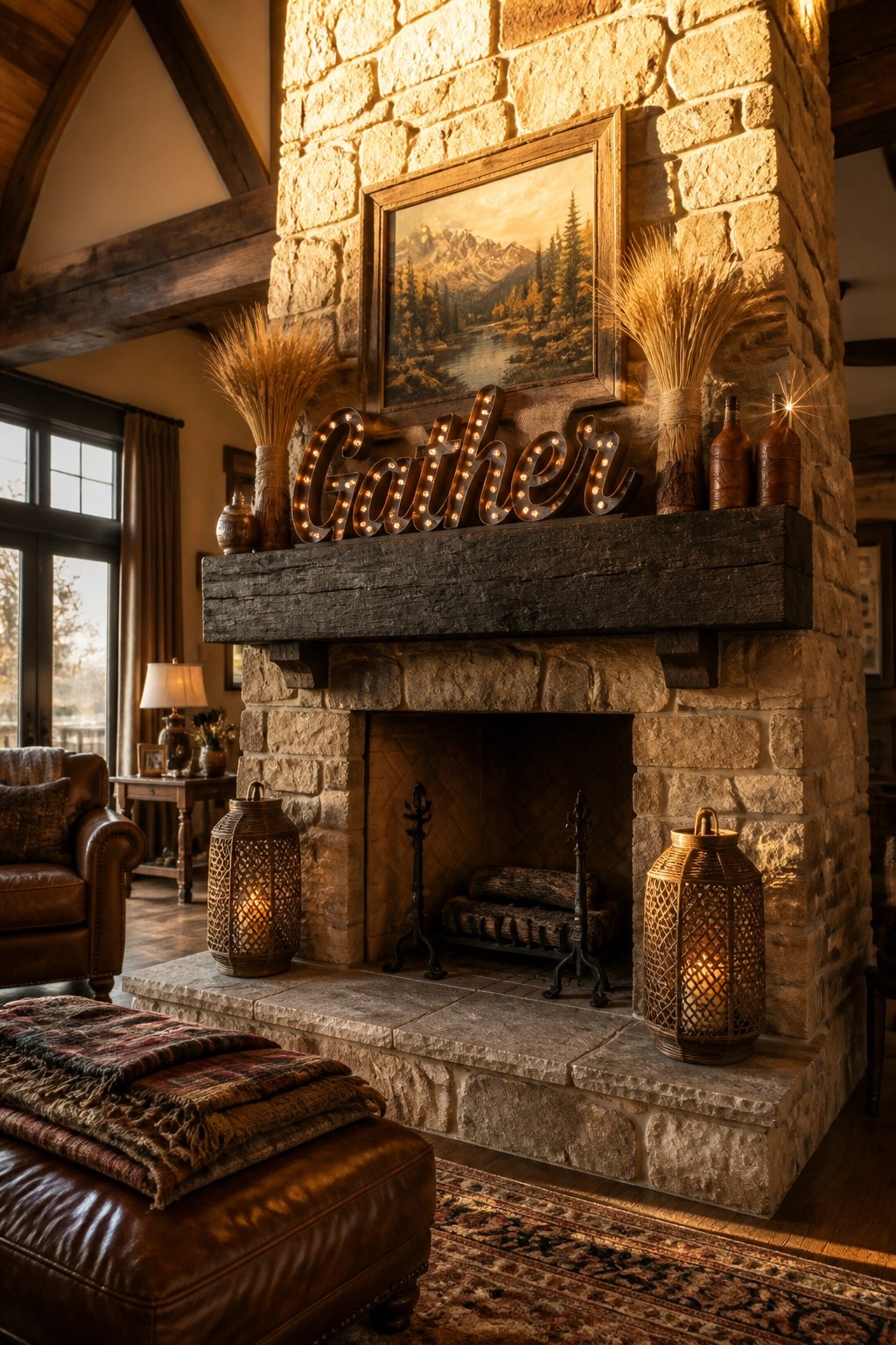 A stone fireplace with a dark wood mantel holding a lighted 