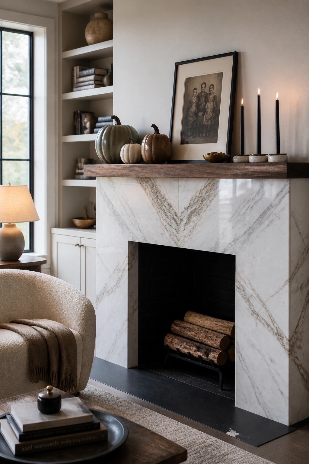 A white marble fireplace with a dark wood mantel decorated with pumpkins, black taper candles, and a framed photograph.