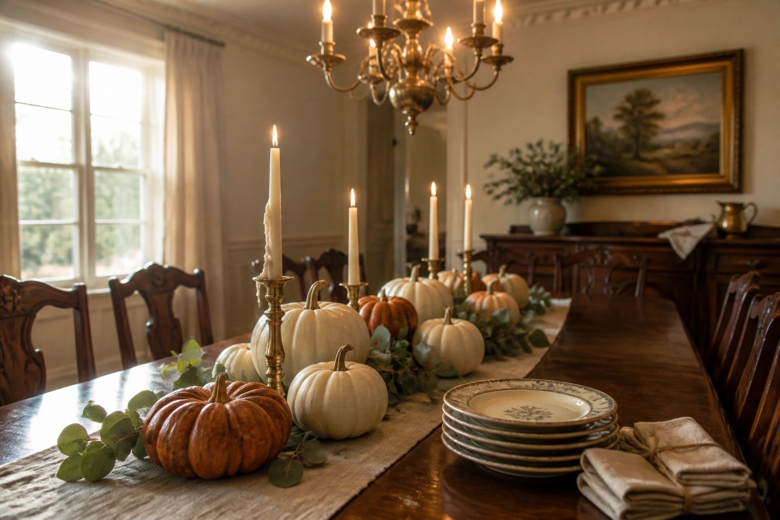 Autumn table setting with pumpkins, greenery, candles, plates, and napkins on wood table.