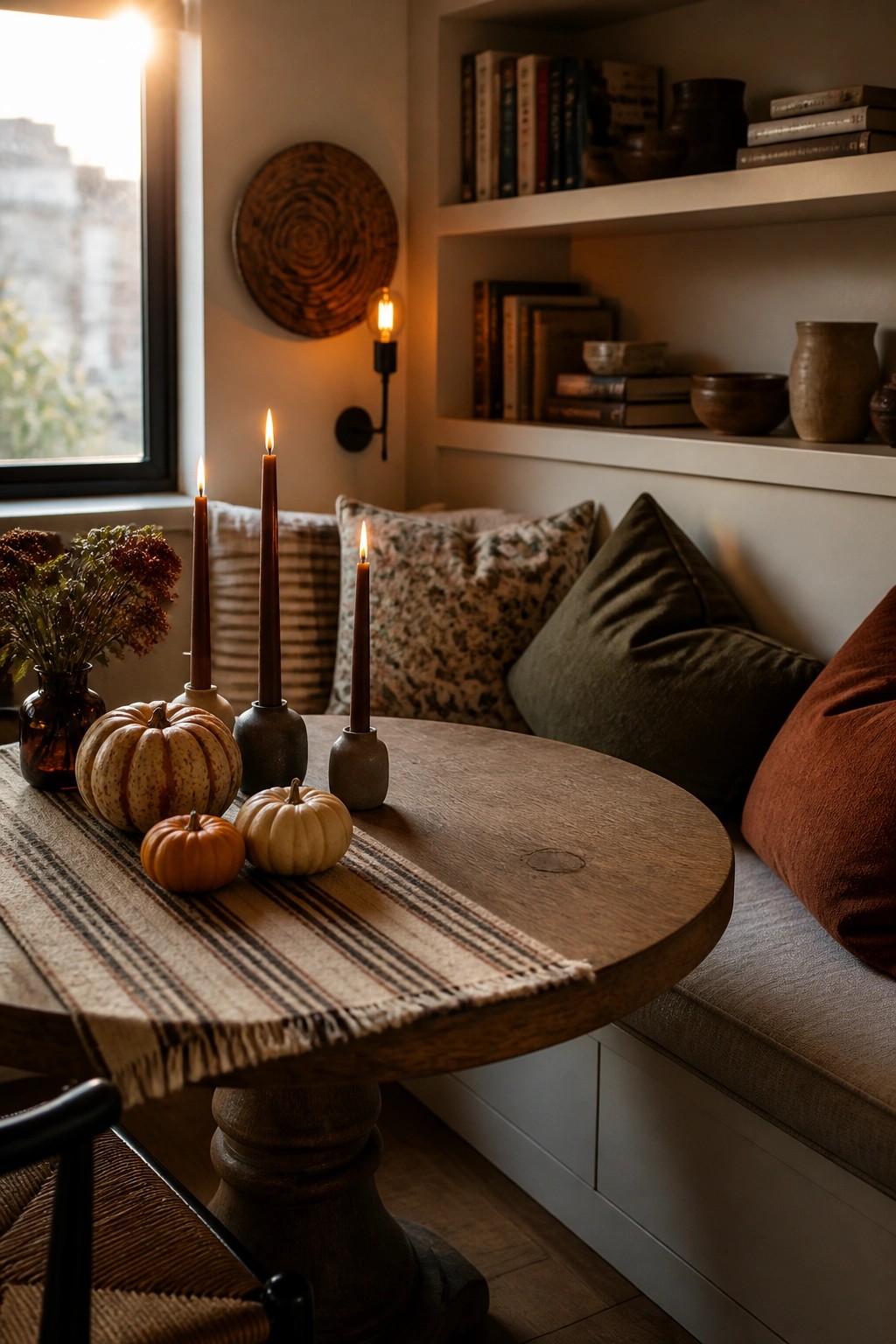 A wooden round table holds small pumpkins and three lit taper candles on a striped runner, with built-in shelves and pillows visible in the background.