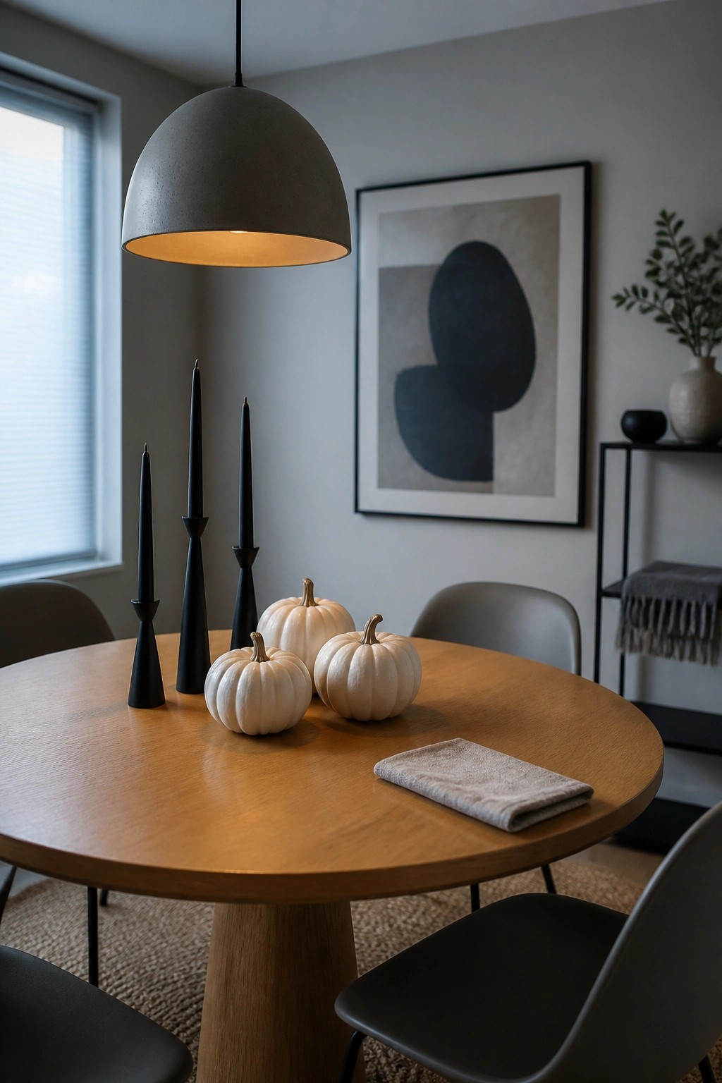 A round wooden dining table holds three white pumpkins and three black taper candles in black holders, with a folded linen napkin on the surface.