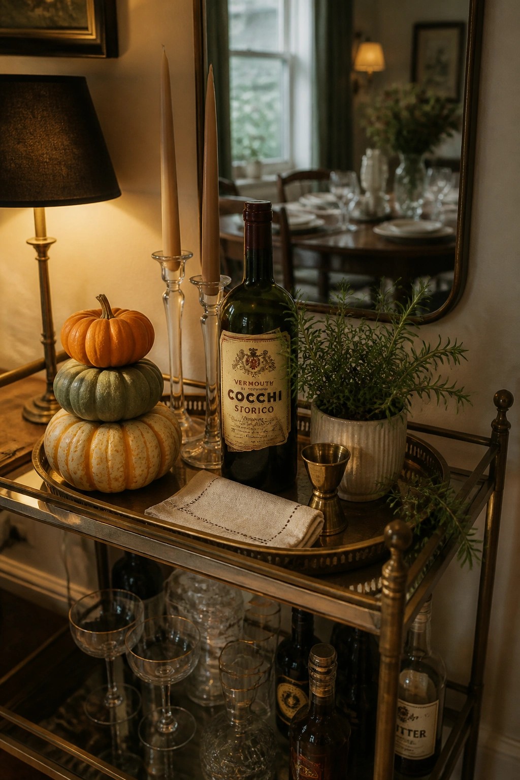 A brass bar cart displays stacked pumpkins, two tall taper candles in glass holders, a green bottle, and a potted green plant in a dining room.