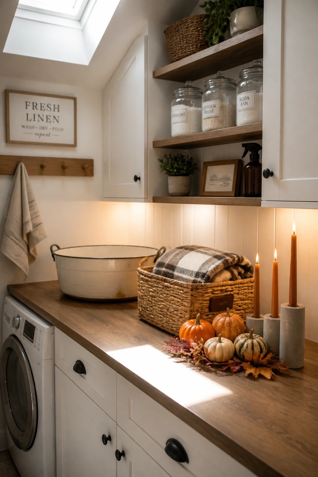 A laundry room wooden counter holds small pumpkins, gourds, autumn leaves, and three lit taper candles in concrete holders beside a wicker basket.