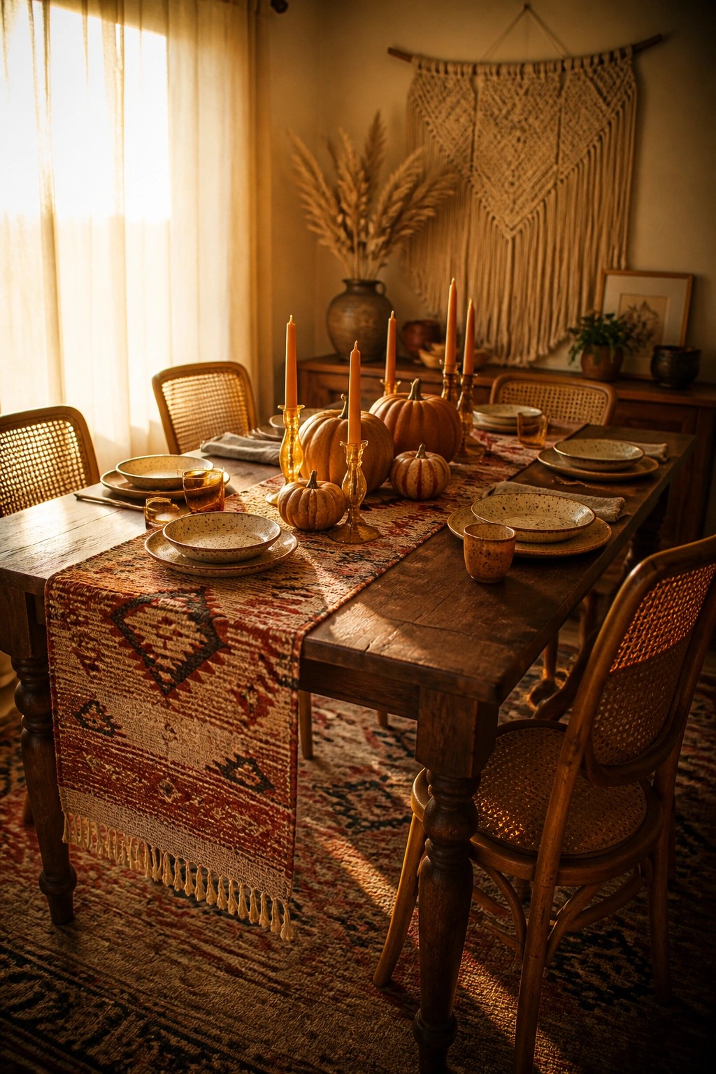 A long wooden dining table with a patterned runner, orange pumpkins of different sizes, and tall taper candles in holders set for a meal.