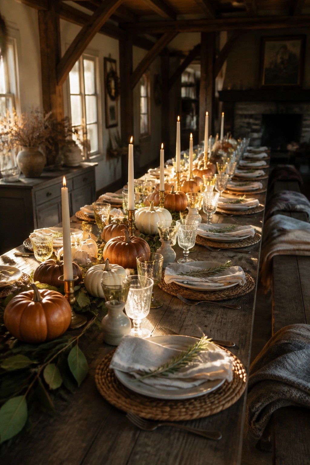 A long wooden dining table decorated with pumpkins, lit taper candles, plates, and greenery in a rustic room.