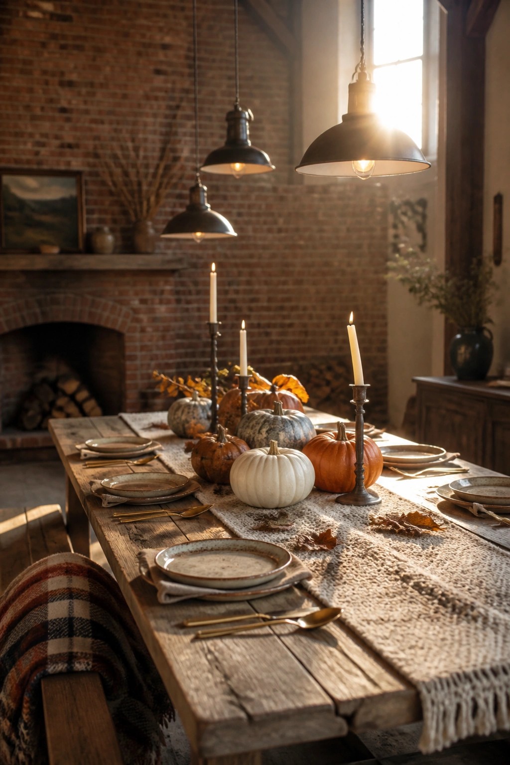 A wooden dining table set with assorted pumpkins, lit taper candles in holders, and place settings along both sides.