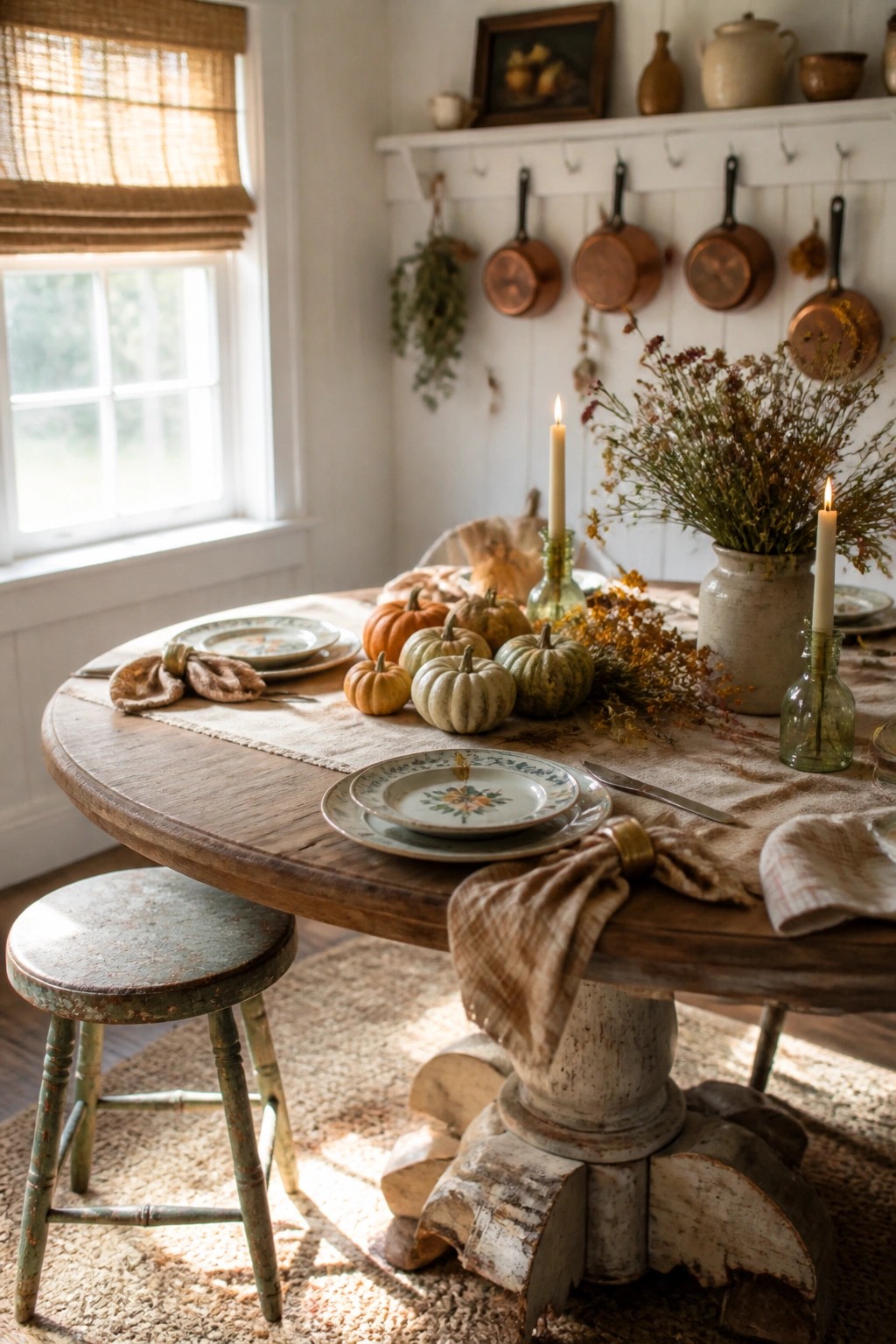 A round wooden dining table set with small pumpkins, taper candles in glass bottles, dried flowers, plates, and linen napkins on a burlap runner.