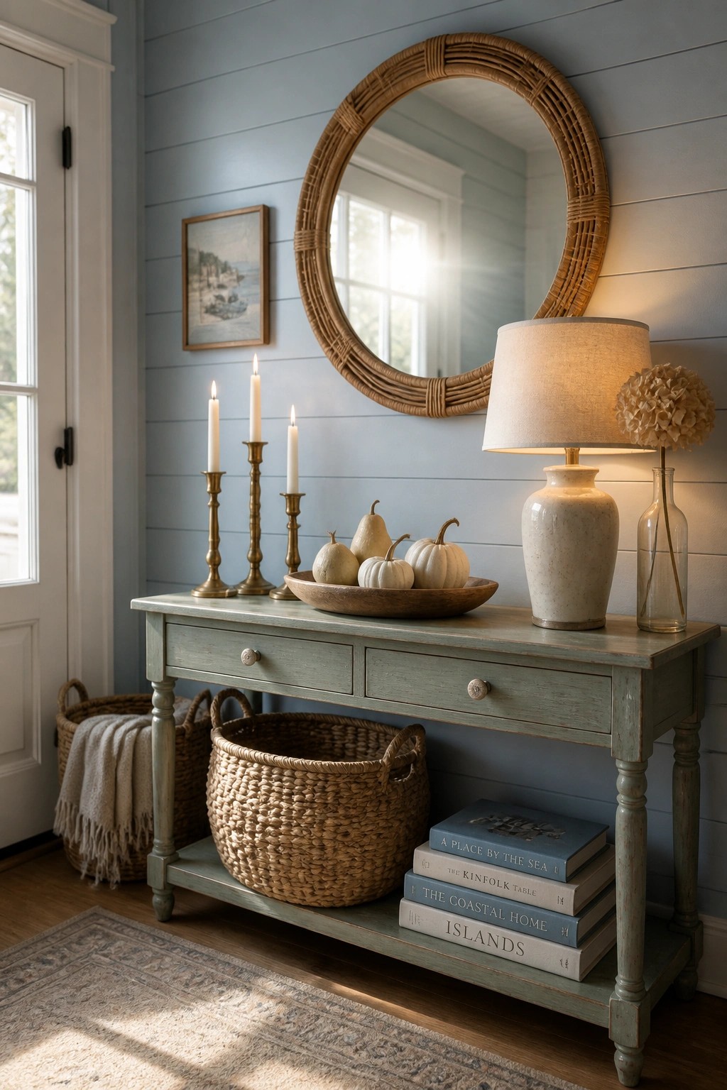 A light green console table against a blue wall holds a wooden bowl of small white pumpkins, three brass candlesticks with white tapers, a ceramic lamp, stacked books, and woven baskets underneath.