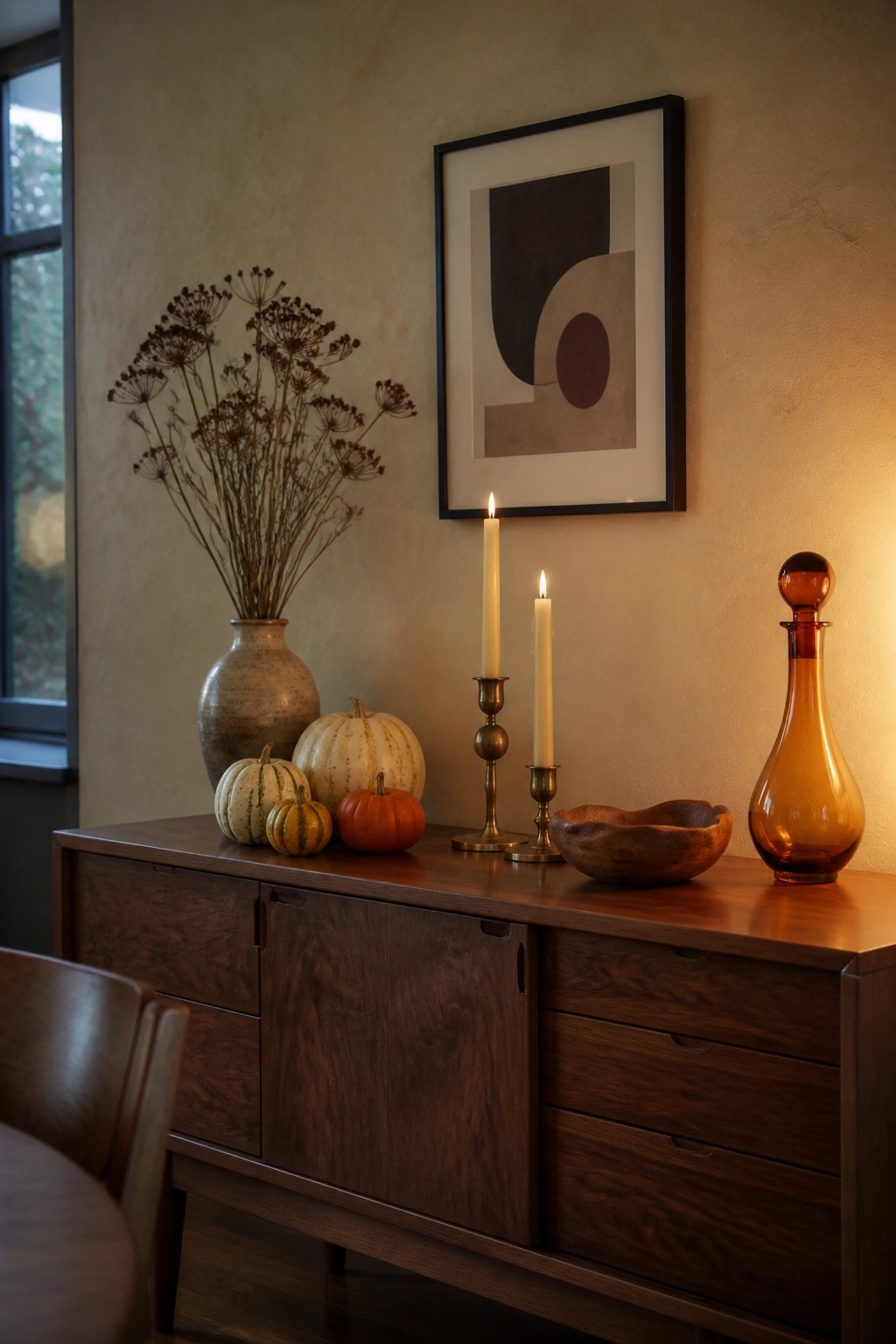 A dark wood sideboard displays small pumpkins, two lit taper candles in brass holders, a vase of dried flowers, a wooden bowl, and an amber glass decanter, with abstract art hanging above.