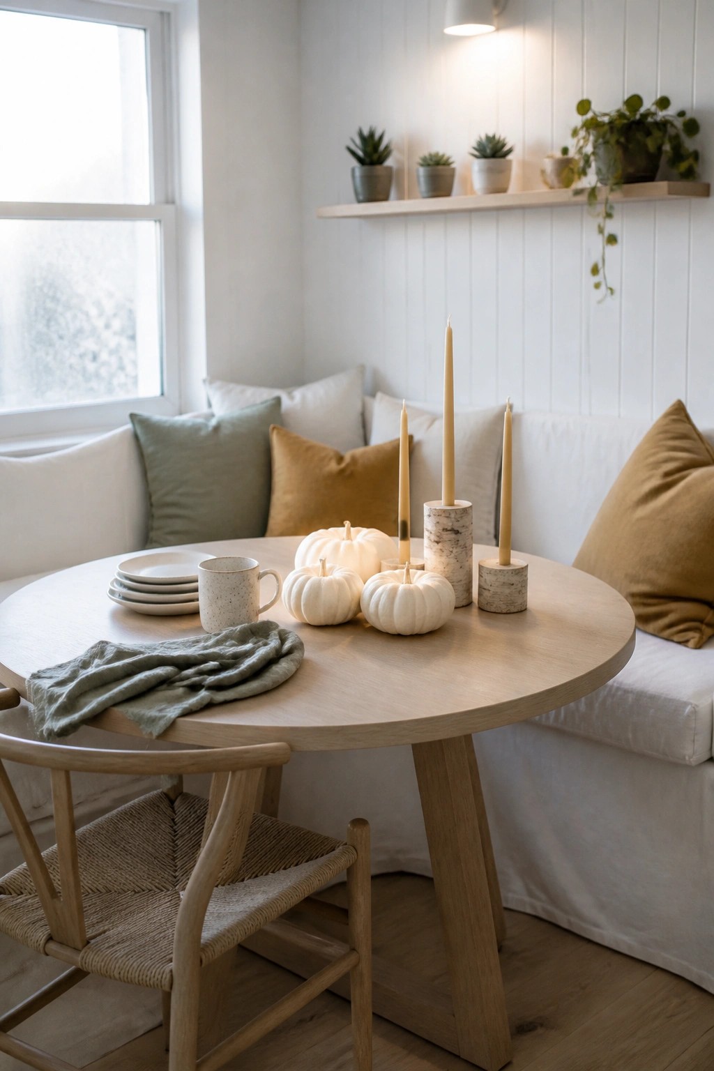 A round wooden dining table holds several small white pumpkins and tall taper candles in birch bark holders, with stacked plates, a speckled mug, and a folded cloth nearby.