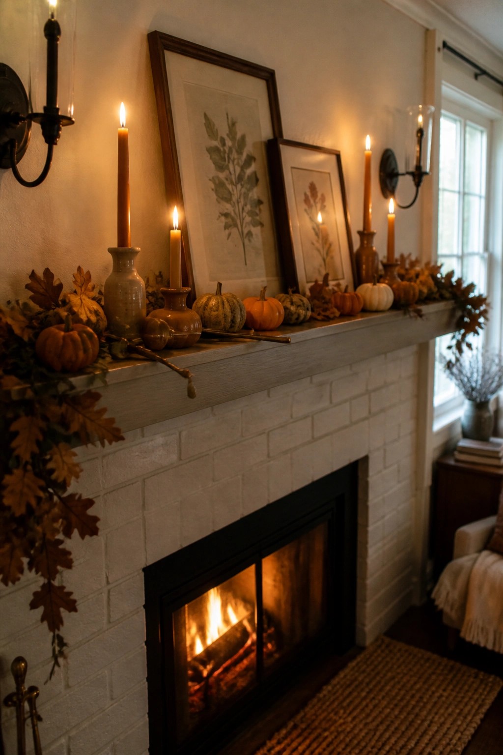 A white brick fireplace with a wooden mantel holding small pumpkins, autumn leaves, framed botanical prints, and several lit taper candles in holders.
