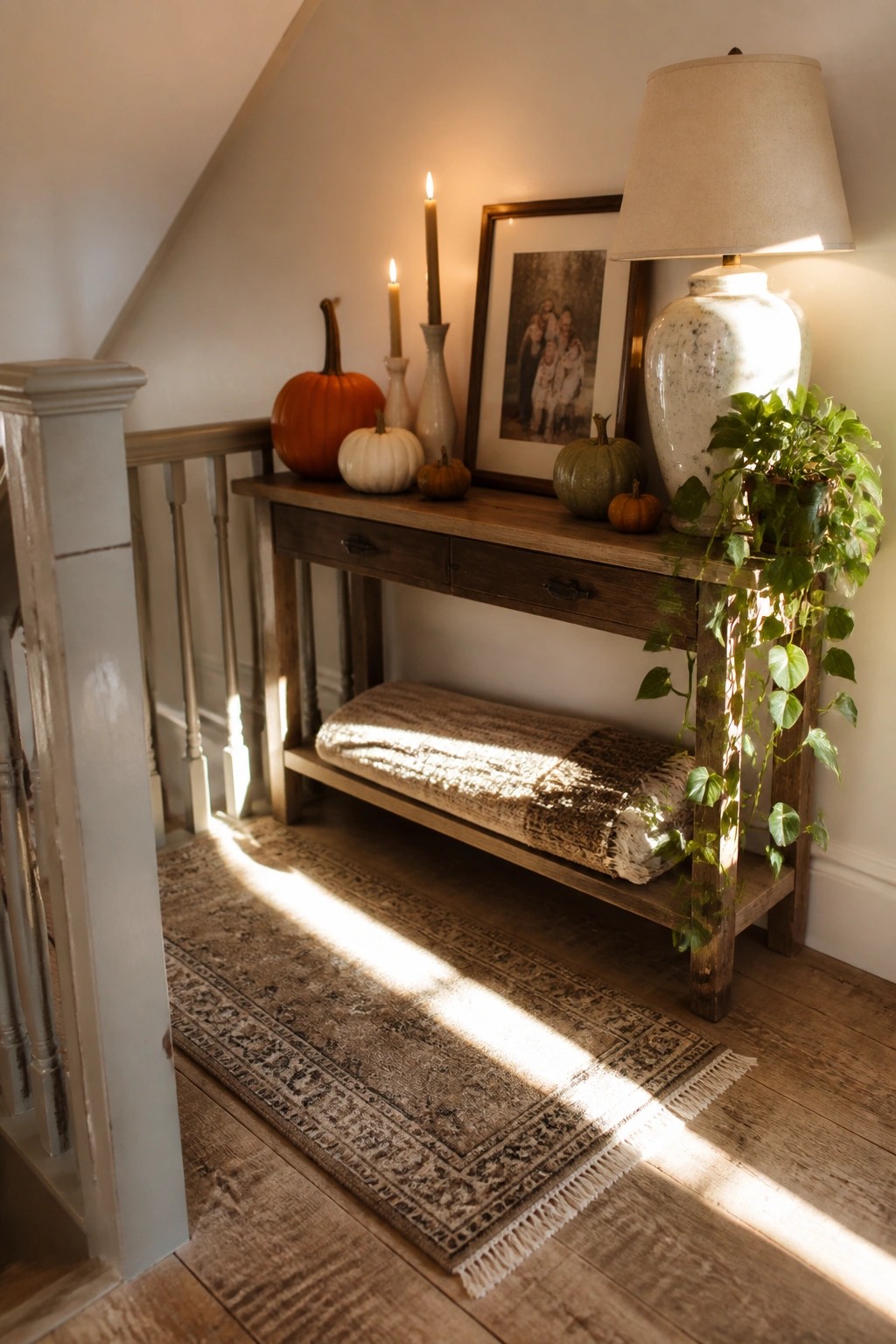 A wooden console table holds several pumpkins in orange, white, and green tones along with three lit taper candles, with a patterned rug on the wood floor underneath.