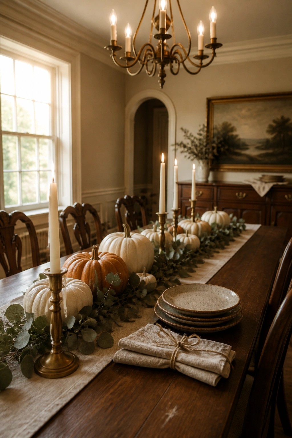 Autumn table setting with pumpkins, greenery, candles, plates, and napkins on wood table.