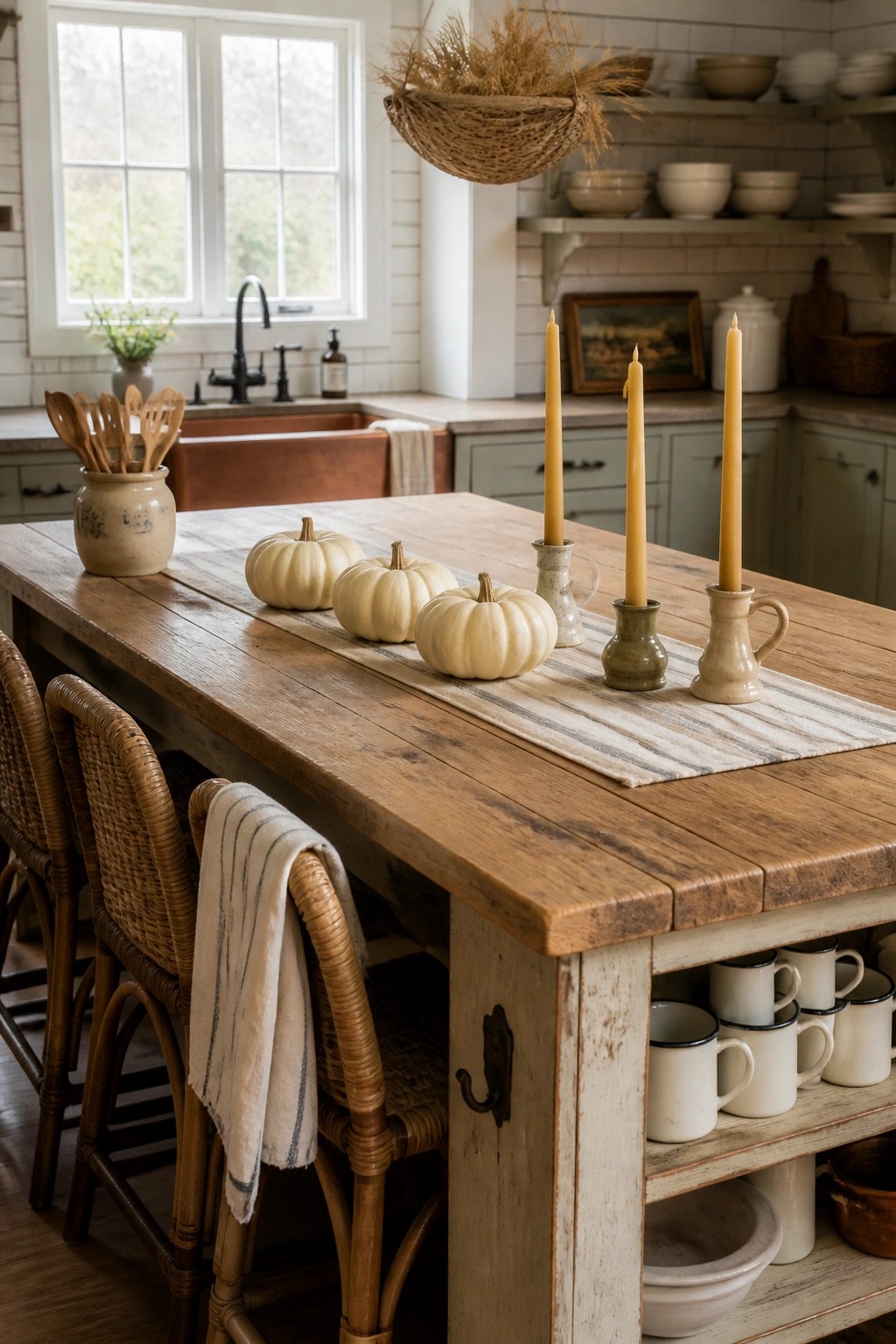 A wooden kitchen table with small white pumpkins and tall yellow taper candles arranged in a row on a striped runner, surrounded by woven chairs and kitchen shelves in the background.