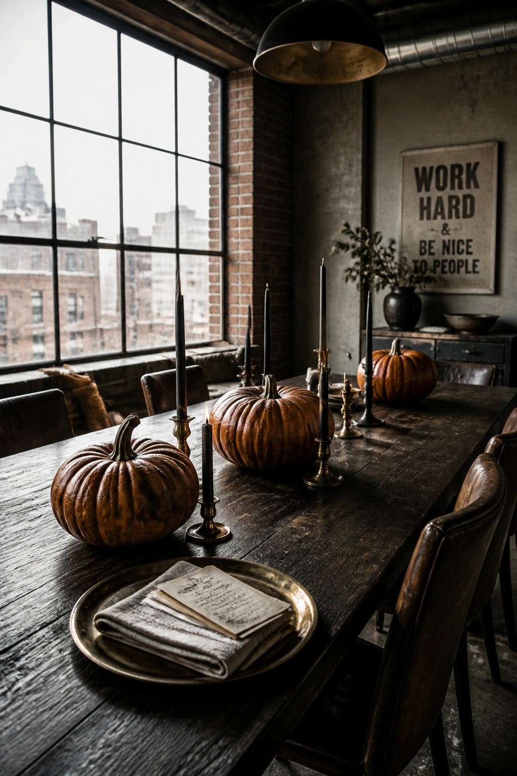 A long wooden dining table with several orange pumpkins and black taper candles in brass holders arranged down the center.