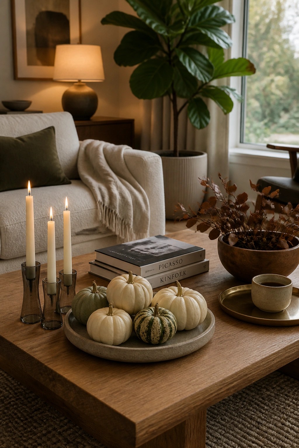 A wooden coffee table displays a round tray holding several small white and green pumpkins alongside three lit taper candles in glass holders.