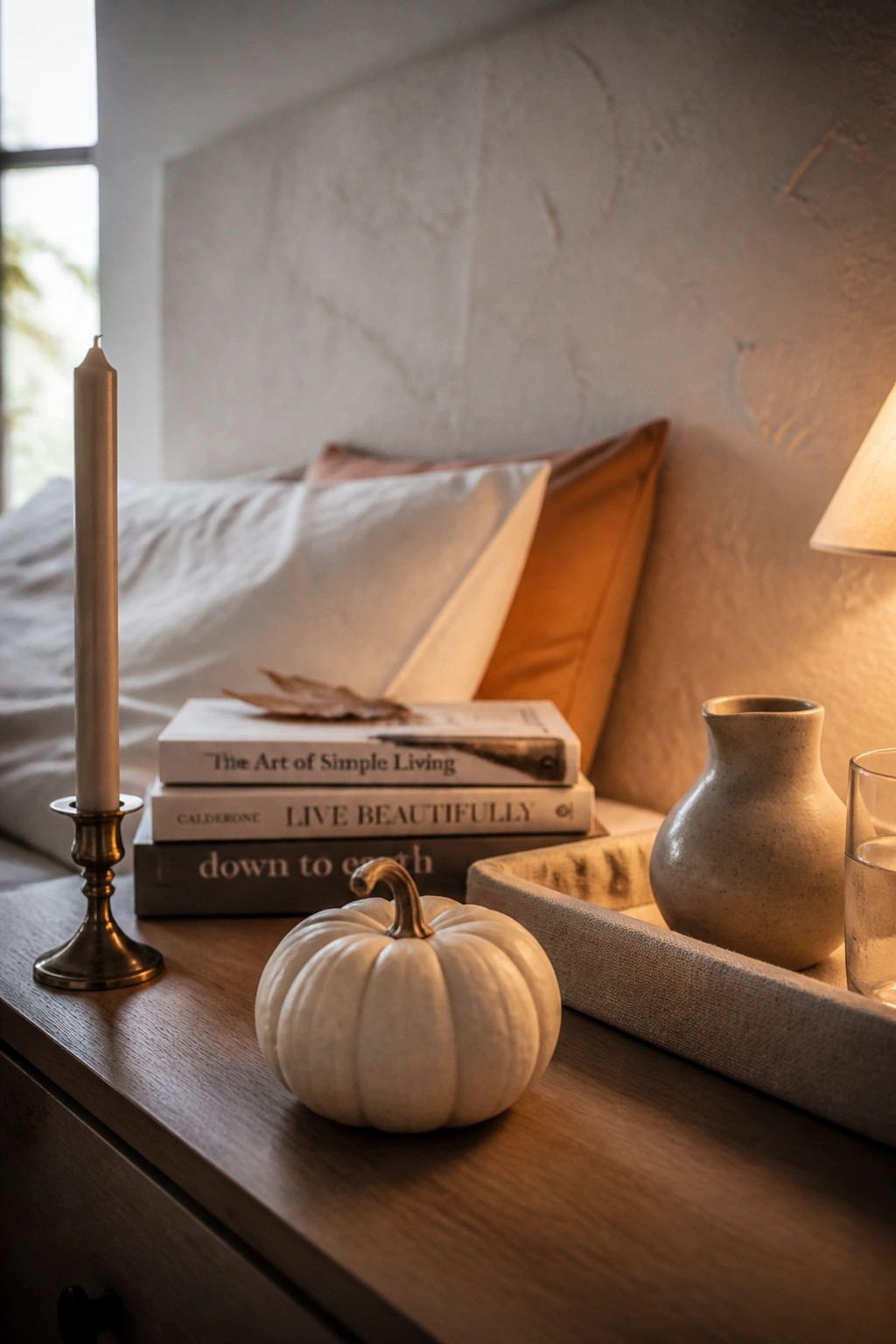 A small white pumpkin rests on a wooden nightstand beside a taper candle in a metal holder, with stacked books and a tray visible behind it.