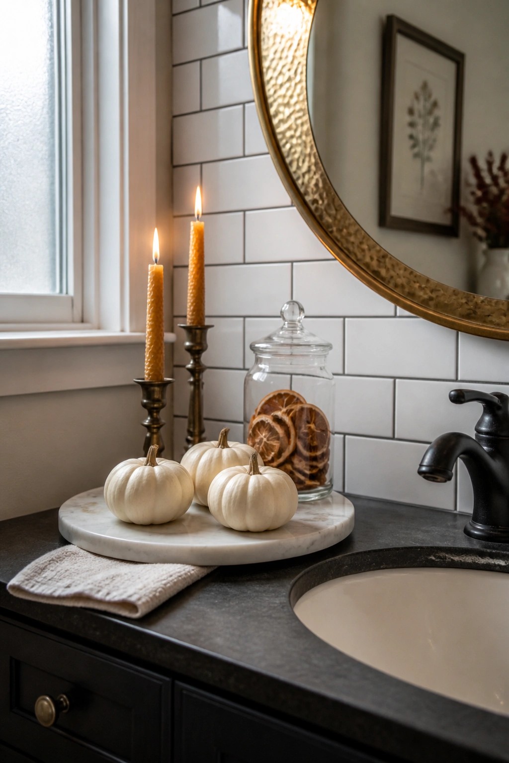 A marble tray holding three small white pumpkins and two lit taper candles in brass holders sits on a dark countertop beside a sink.