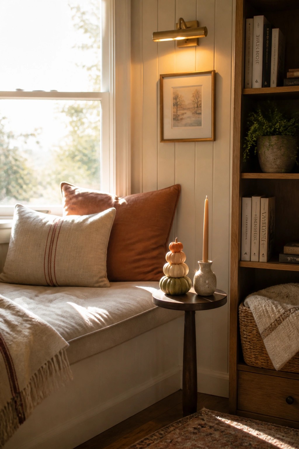 A small round side table holds a stack of three pumpkins in orange, white, and green beside a lit taper candle in a speckled ceramic holder.