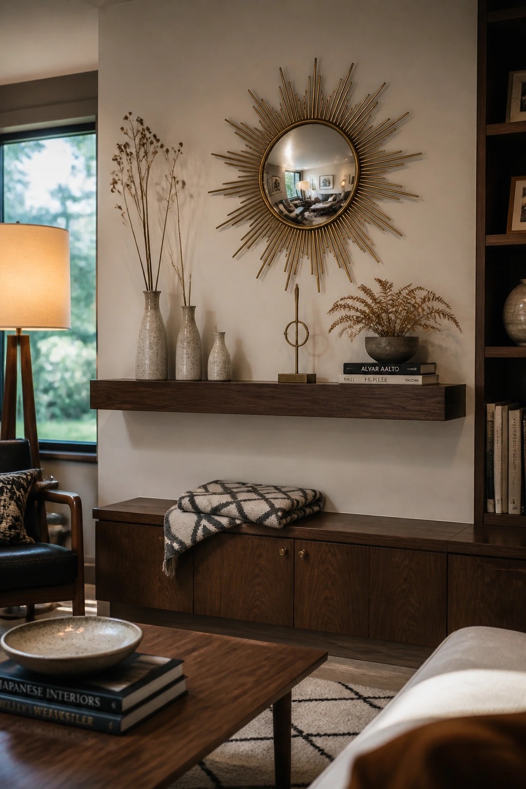 A wooden floating shelf beneath a sunburst mirror holds speckled ceramic vases with dried branches, stacked books, a small metal sculpture, and a bowl of dried ferns above a dark wood cabinet.