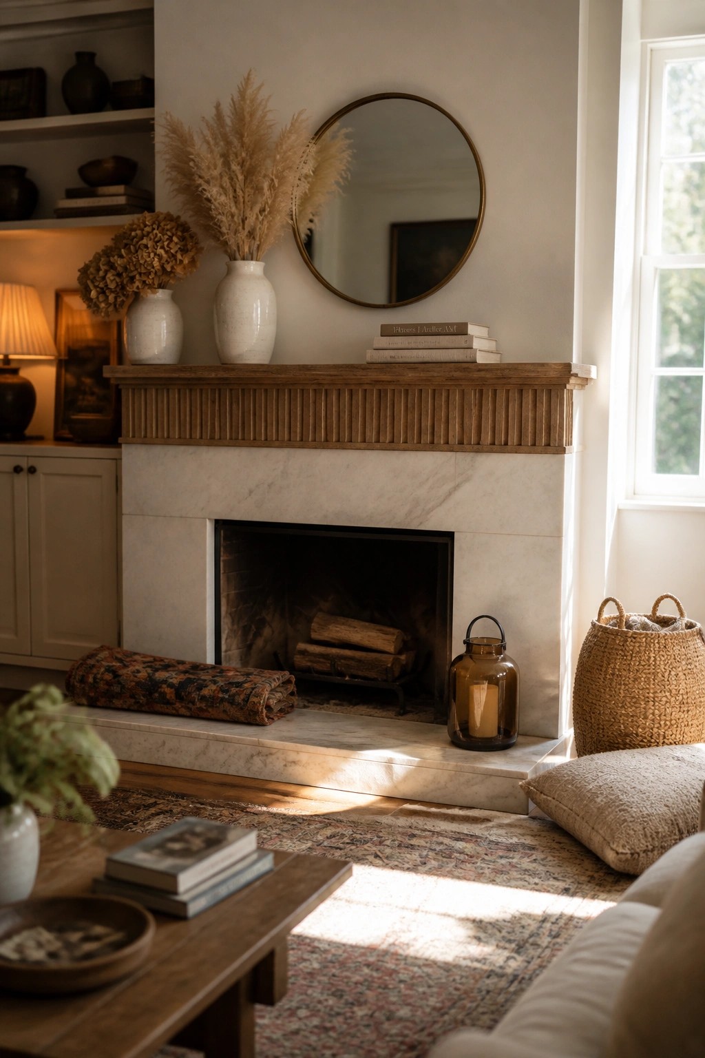 A living room fireplace with a wooden mantel holding two white vases of dried pampas grass, stacked books, and a round mirror above a marble surround.