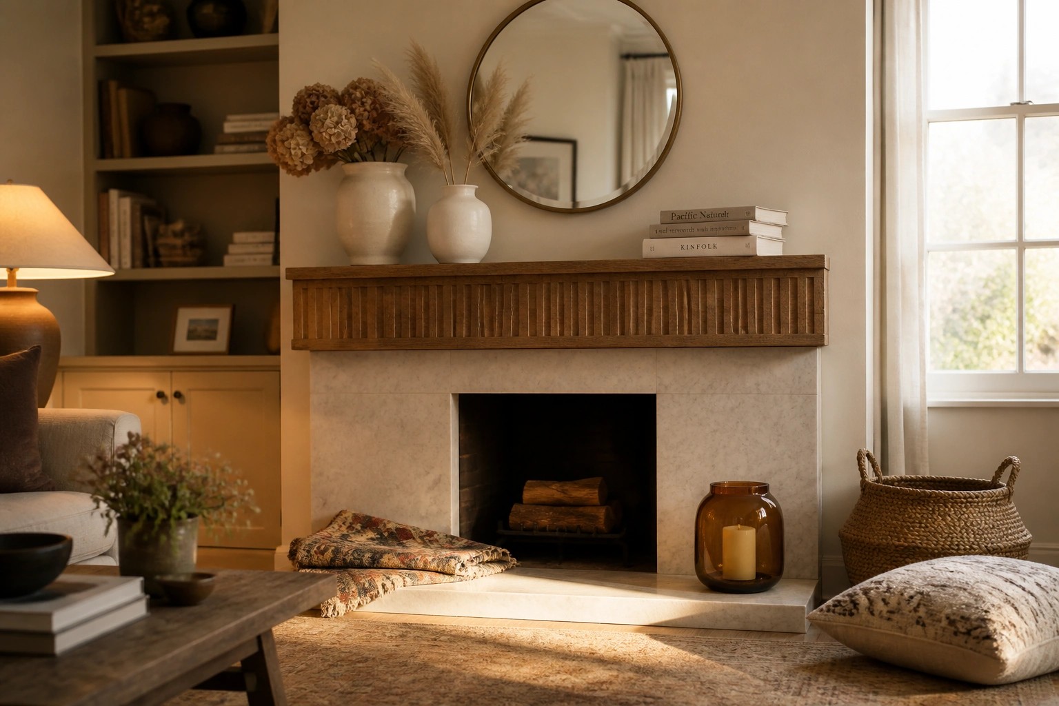 A living room fireplace with a wooden mantel holding two white vases of dried pampas grass, stacked books, and a round mirror above a marble surround.