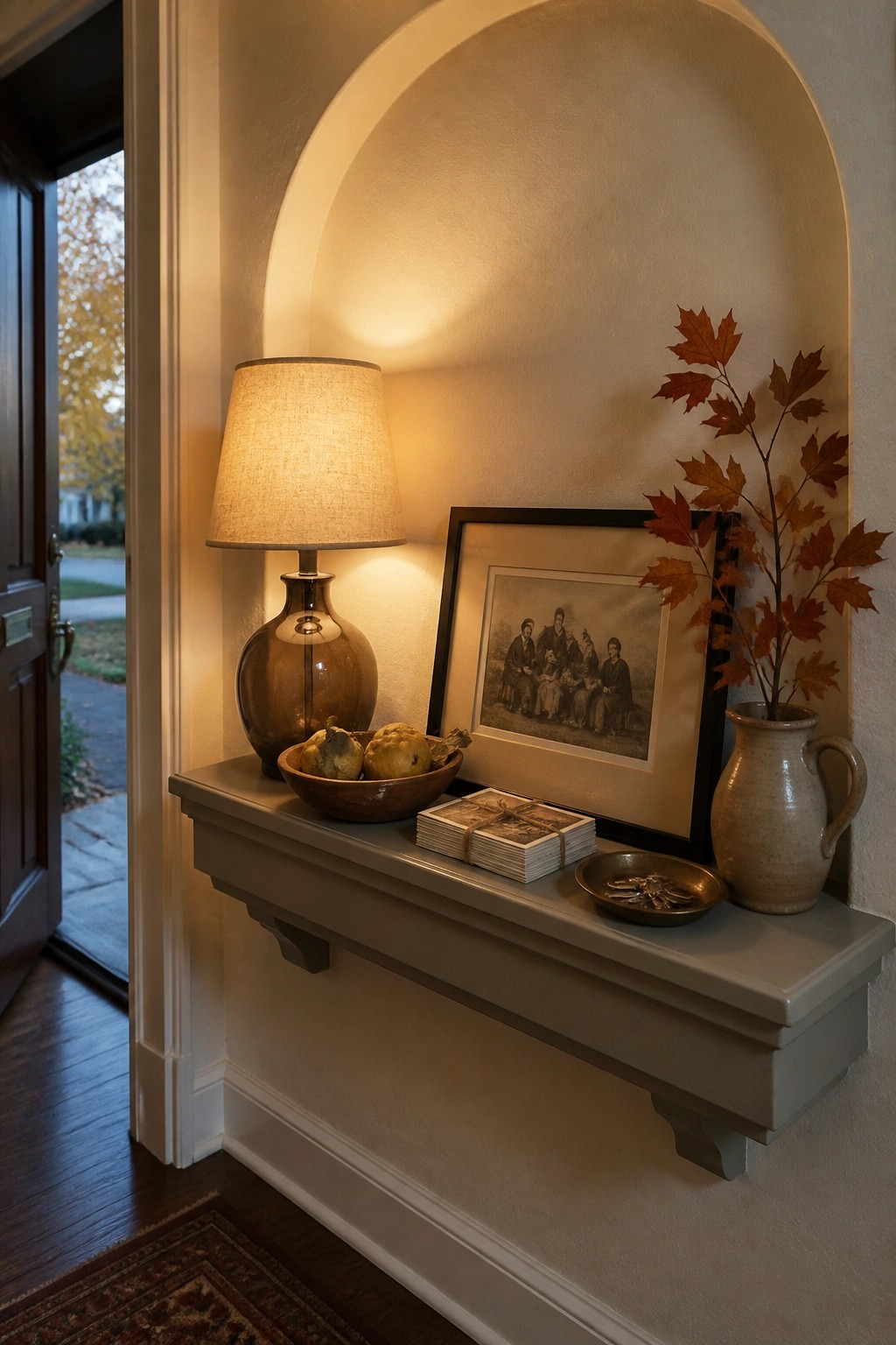 Decorative shelf in arched niche with lit lamp, vintage photo, and autumn leaves