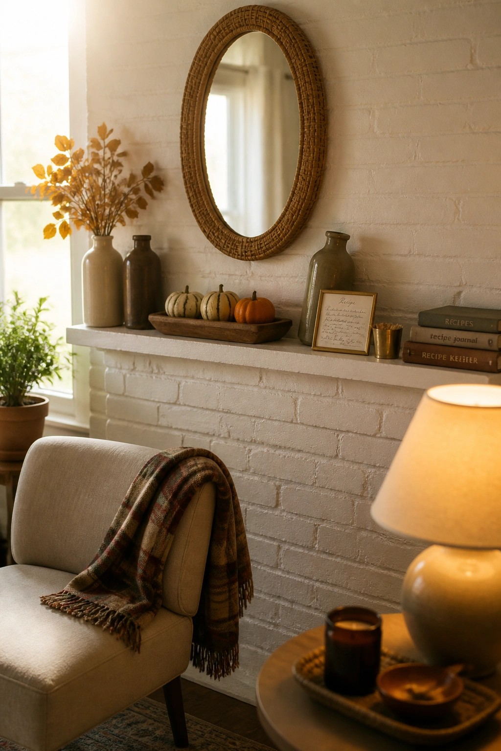 A white brick fireplace mantel with small pumpkins on a wooden tray, glass bottles, stacked books, and a framed recipe card, with a beige armchair and plaid throw visible in the foreground.