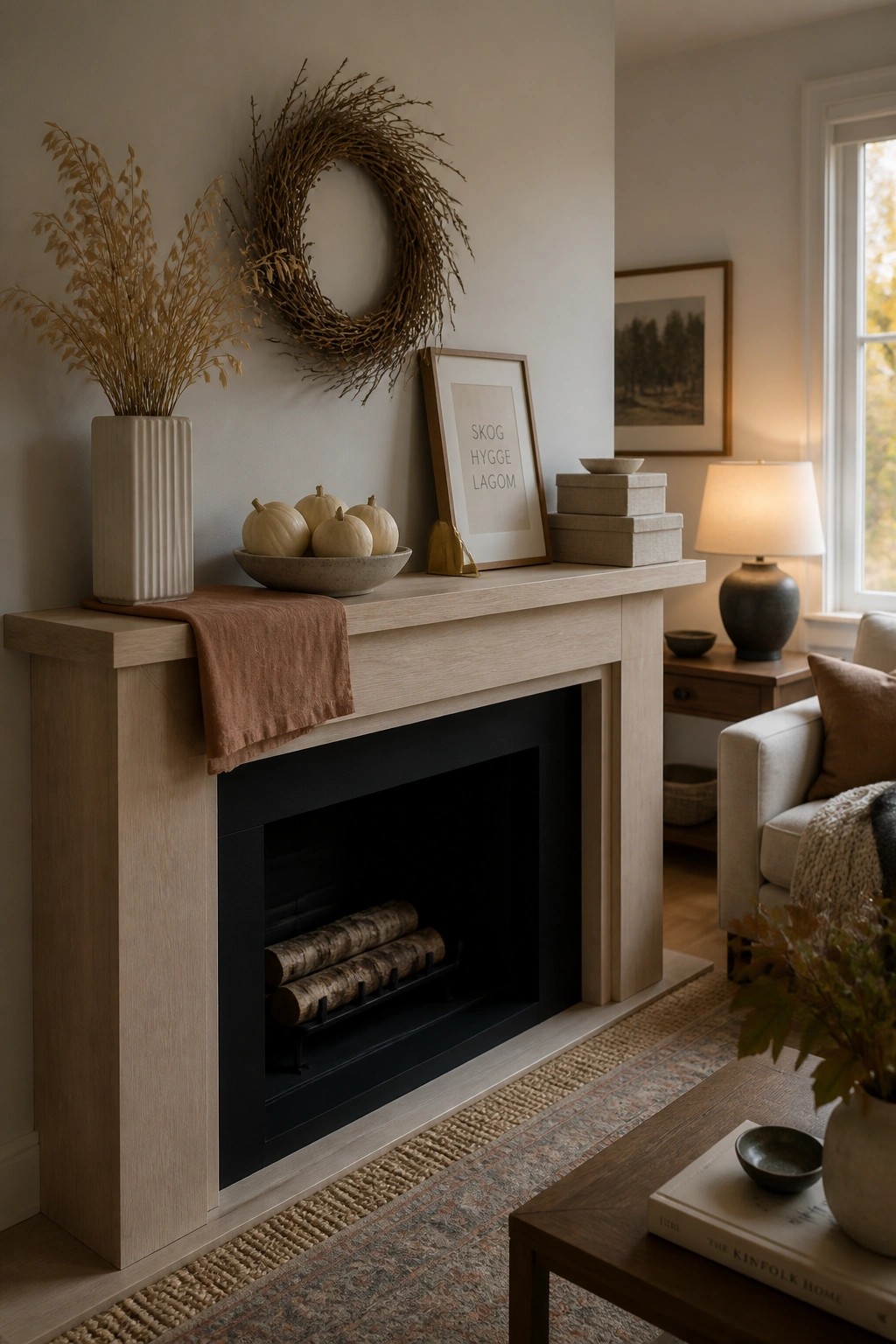 A light wood fireplace mantel with black firebox is decorated with dried grasses in a vase, a large twig wreath, small white pumpkins in a bowl, a framed print, stacked boxes, and a rust-colored cloth runner.