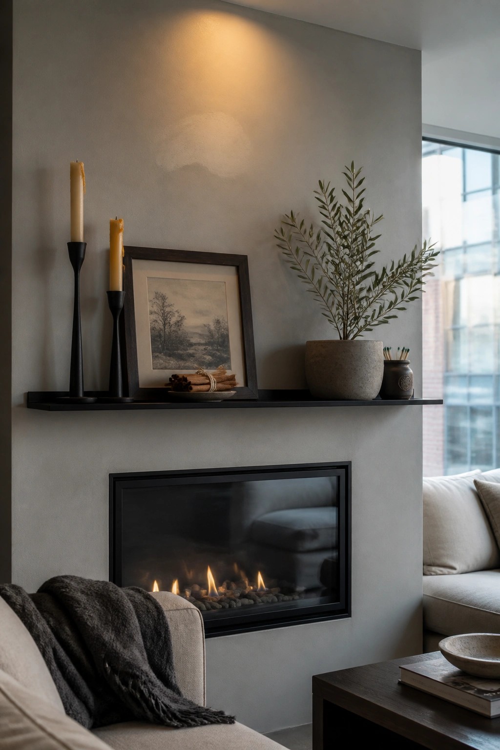 A modern fireplace mantel with black candle holders, a framed print, bundled sticks, and a potted olive branch plant above a lit gas fireplace.
