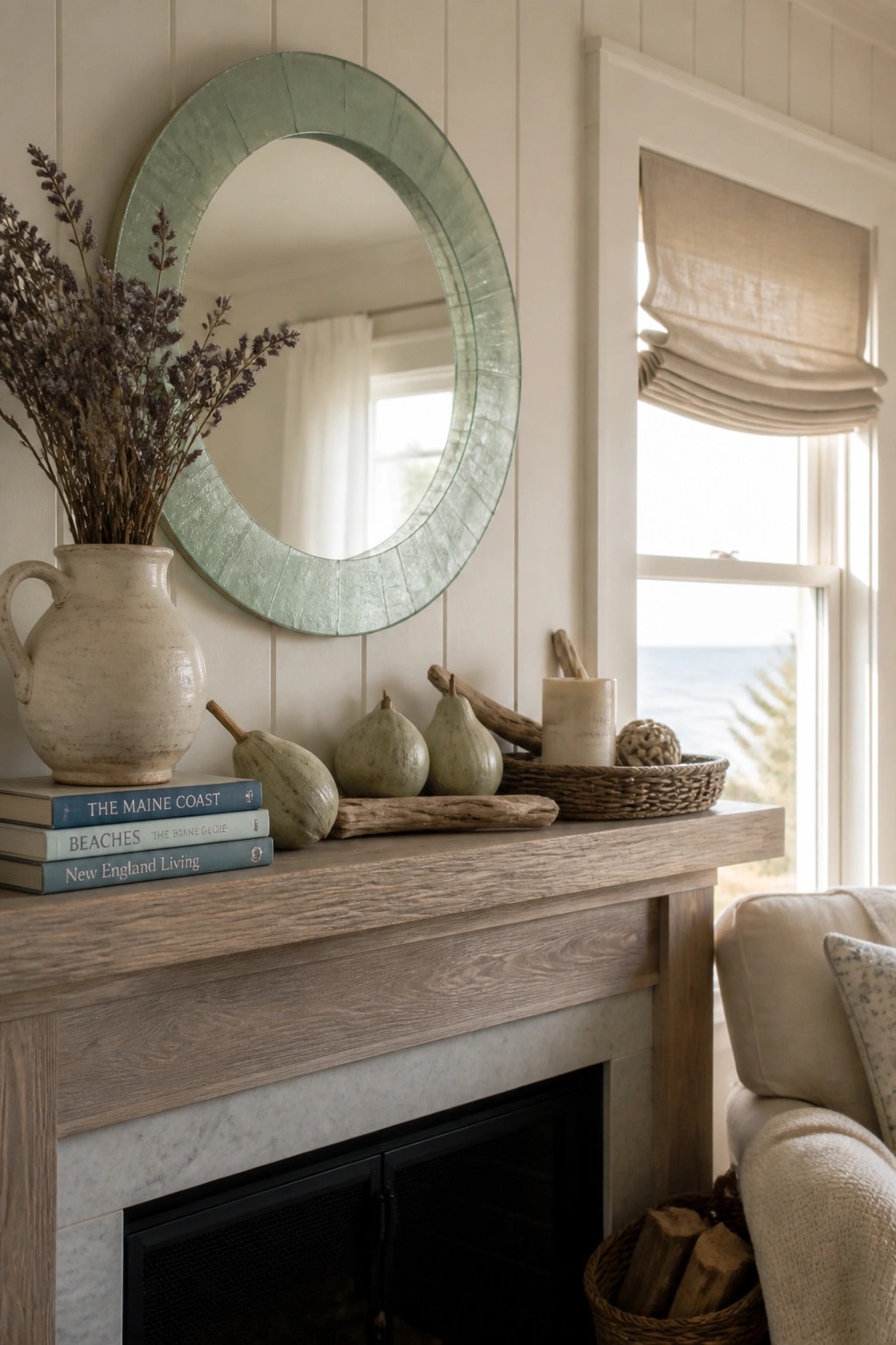 A wooden fireplace mantel decorated with stacked books, a ceramic vase of dried flowers, several gourds, driftwood pieces, and a woven basket holding a candle, with a round green mirror above.