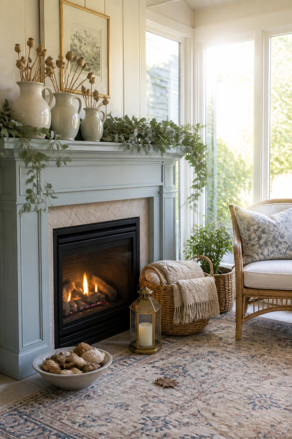 A light blue fireplace mantel holds white ceramic vases with dried poppy pods and trailing green foliage above a lit fire.