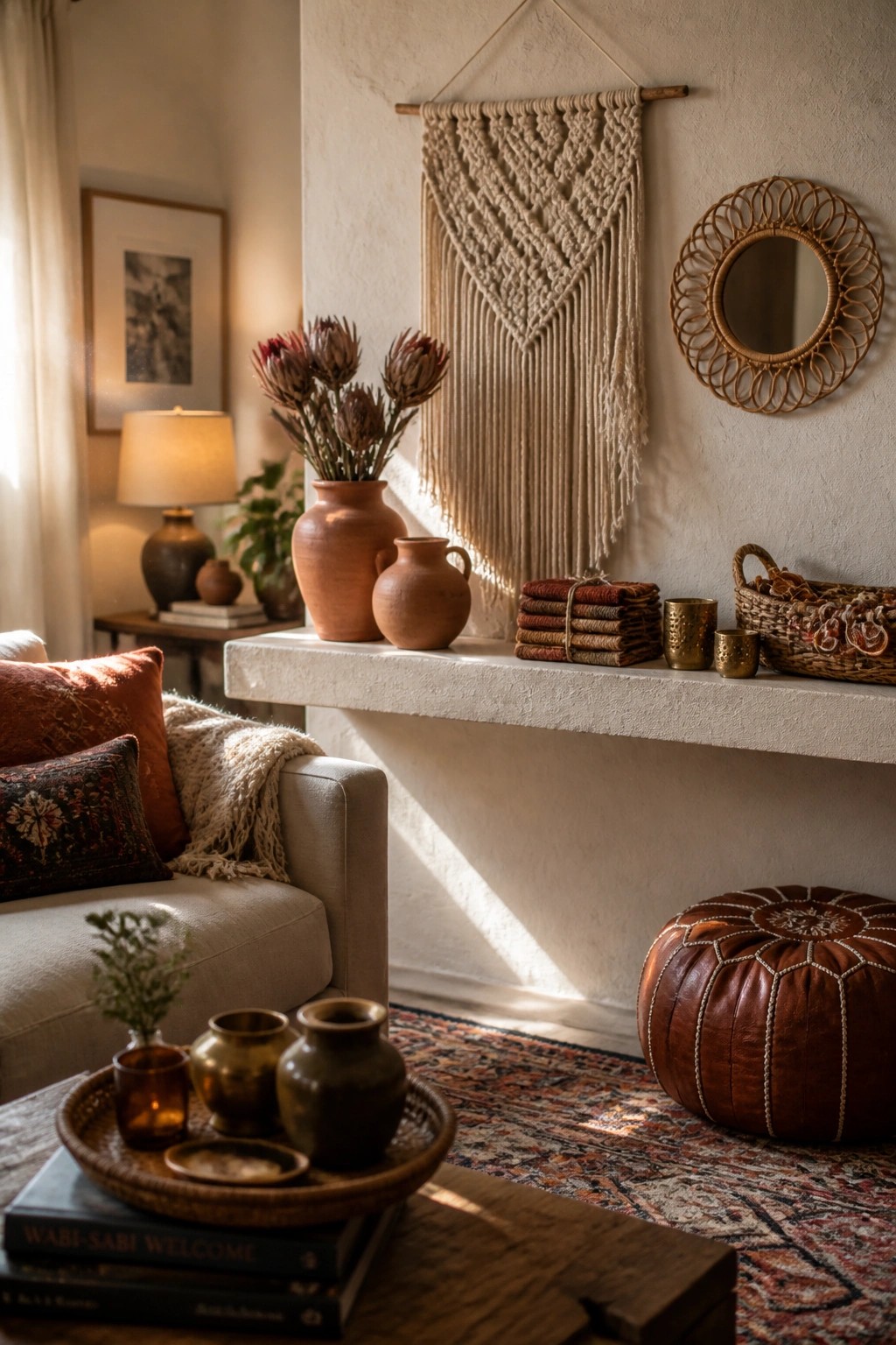 A white mantel shelf holding terracotta vases with dried flowers, folded textiles, small brass cups, and a macrame hanging on the wall above.