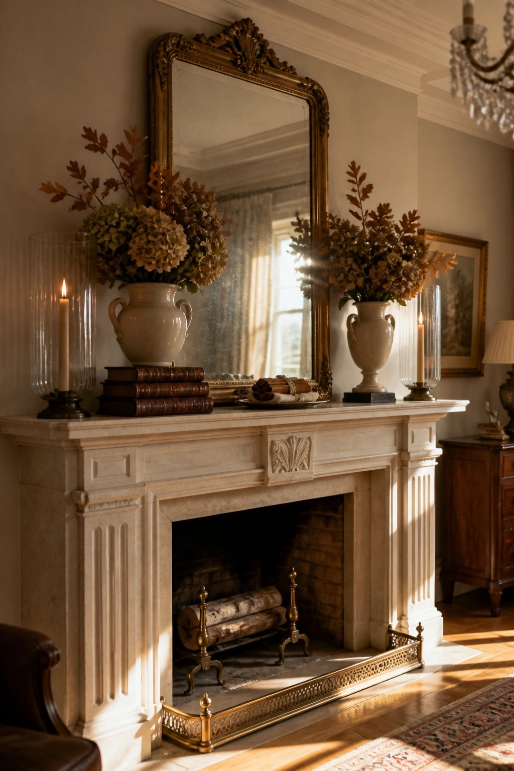 A white marble fireplace with a large ornate mirror above the mantel, two beige urns holding dried hydrangeas and autumn leaves placed symmetrically on either side, and glass hurricanes with lit candles next to each urn.