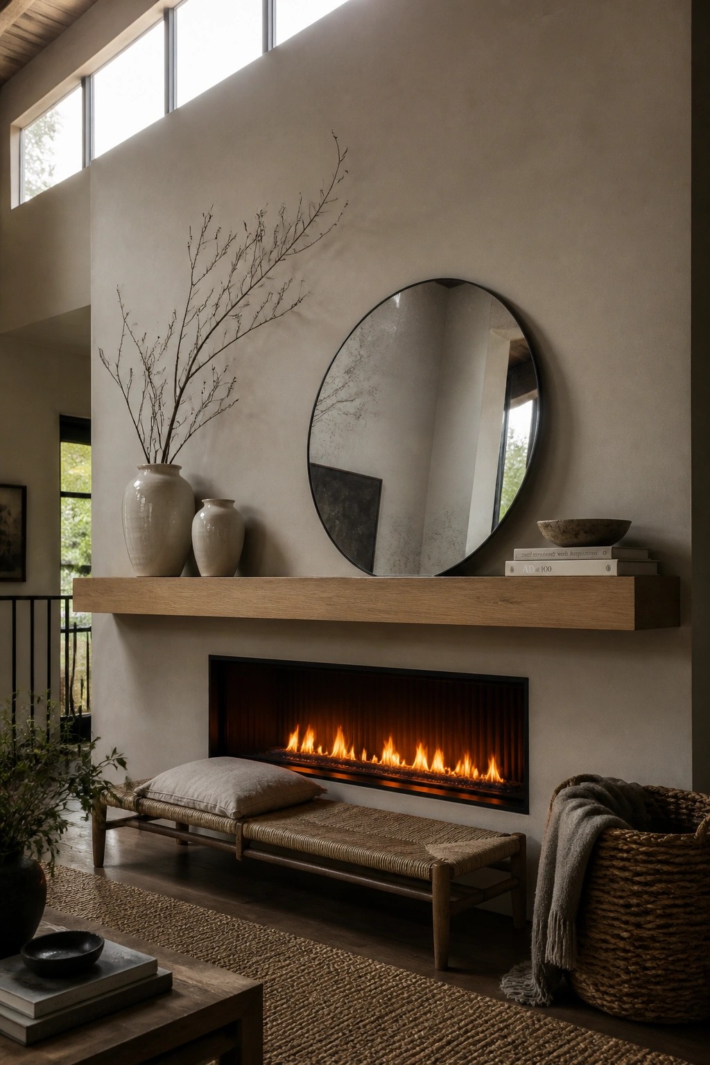 A modern living room featuring a long floating wooden mantel shelf above a linear fireplace, with minimal styling including vases, branches, a round mirror, and stacked books.