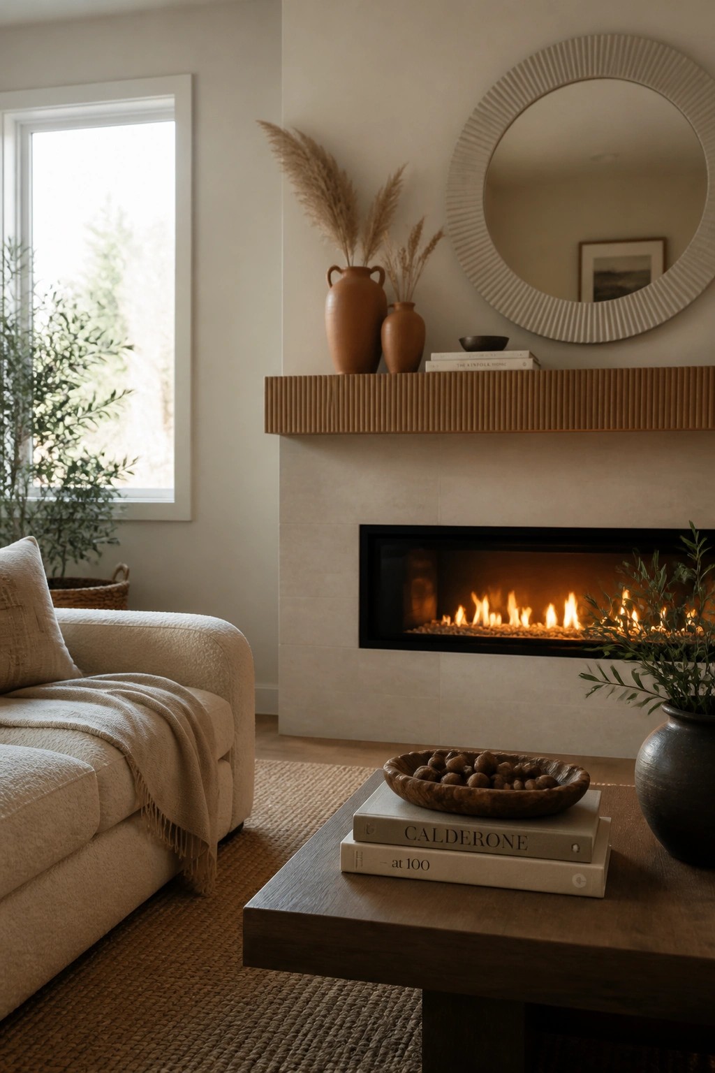 A living room mantel holds two terracotta vases with dried grasses, stacked books, and a round mirror above a lit fireplace.