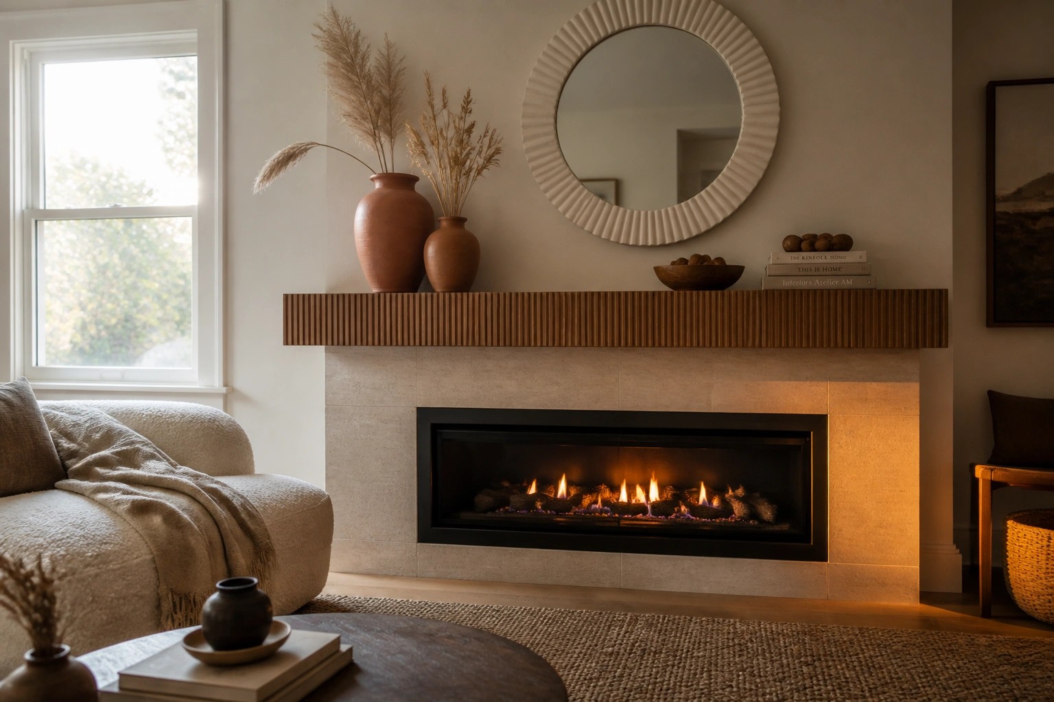 A living room mantel holds two terracotta vases with dried grasses, stacked books, and a round mirror above a lit fireplace.