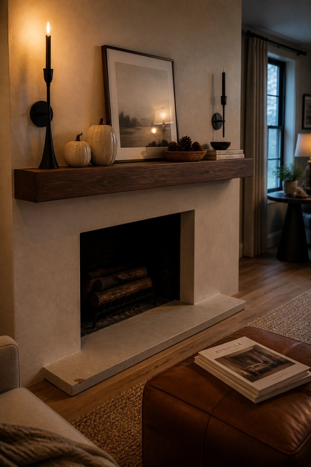 Fireplace mantel with lit candles, pumpkins, artwork, and pinecones above stacked logs.