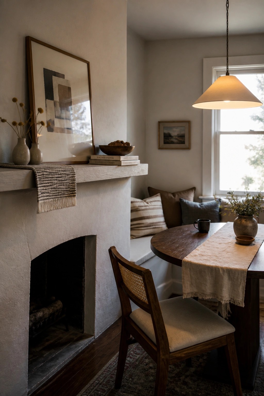 A white plaster fireplace mantel holds a large framed abstract artwork, two small ceramic vases with dried stems, a wooden bowl, and stacked books, with a wooden dining table and chair visible in the foreground.