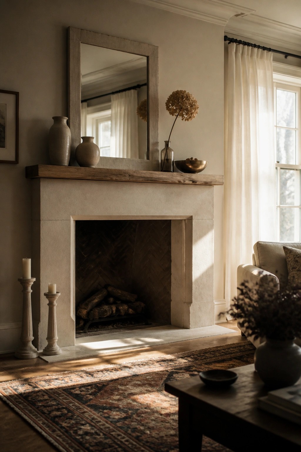 A stone fireplace with a wooden mantel holds two clay vases, a glass bottle with dried flowers, and a brass bowl, with a large mirror above and candles on the hearth.