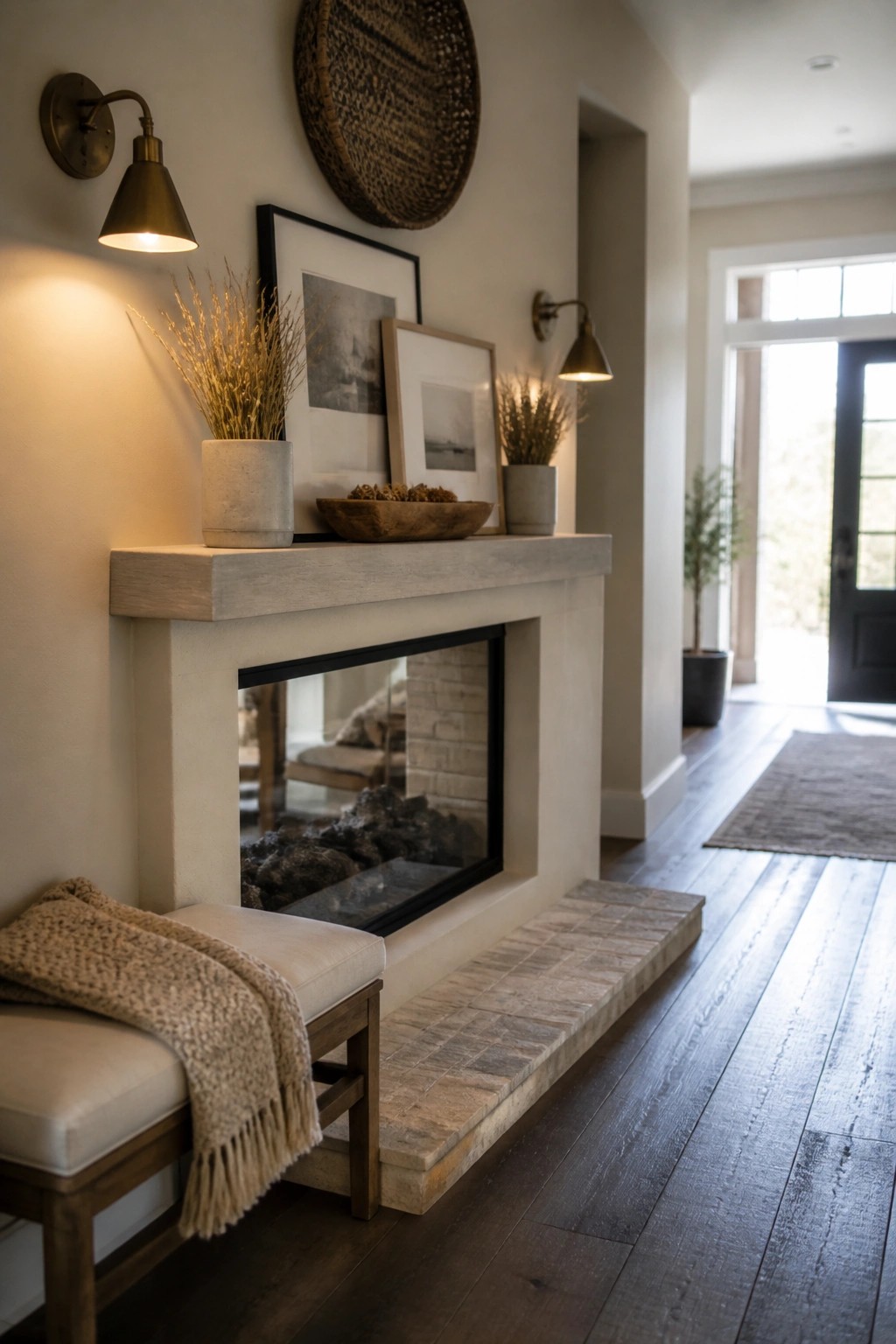 A light wood mantel above a fireplace is styled with framed prints, potted dried grasses, and a wooden bowl, with wall sconces on either side and a bench with a throw in front.