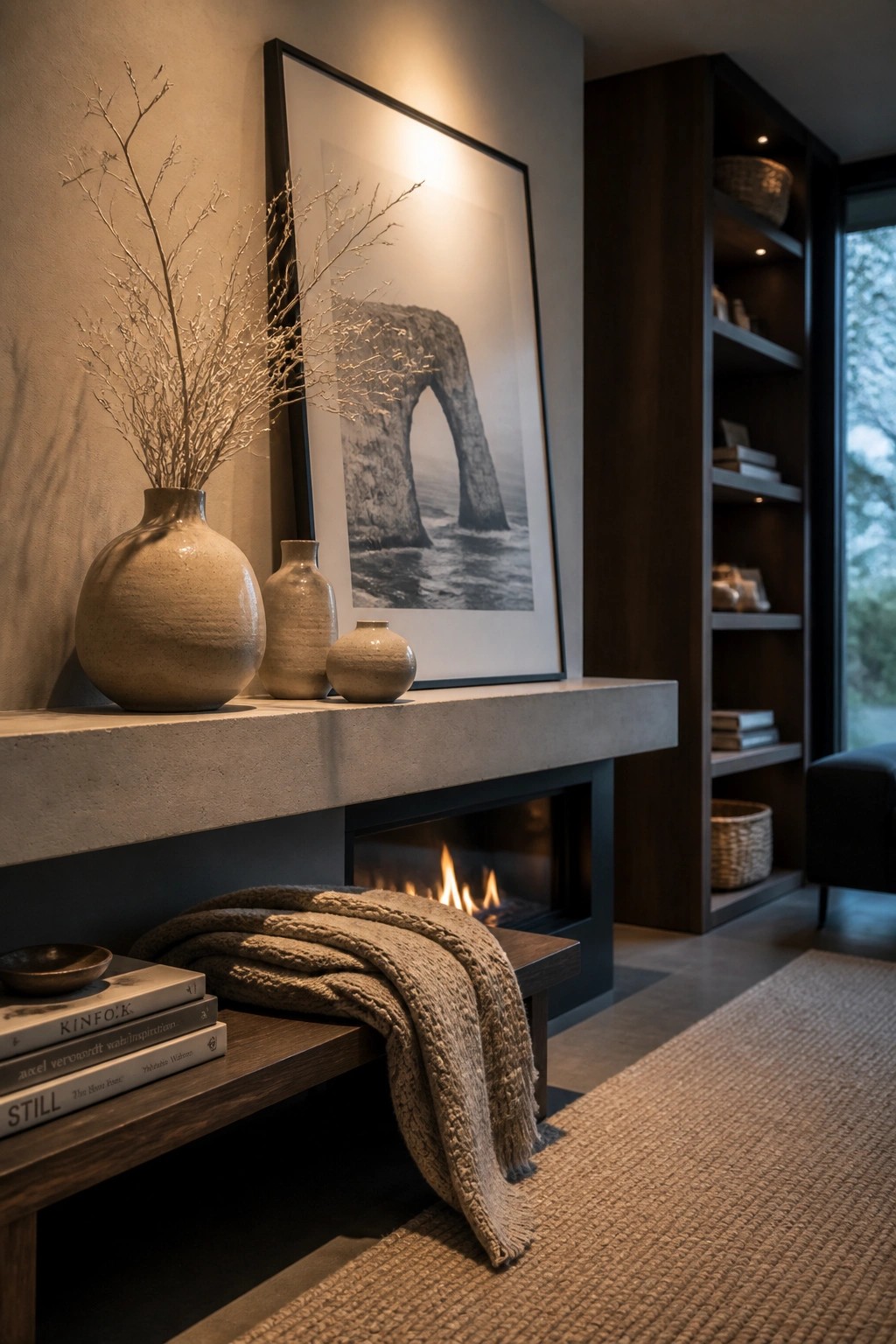 A concrete mantel above a modern fireplace holds three ceramic vases with dried branches, a large framed black and white photograph, and a wooden bench with books and a knit blanket below.