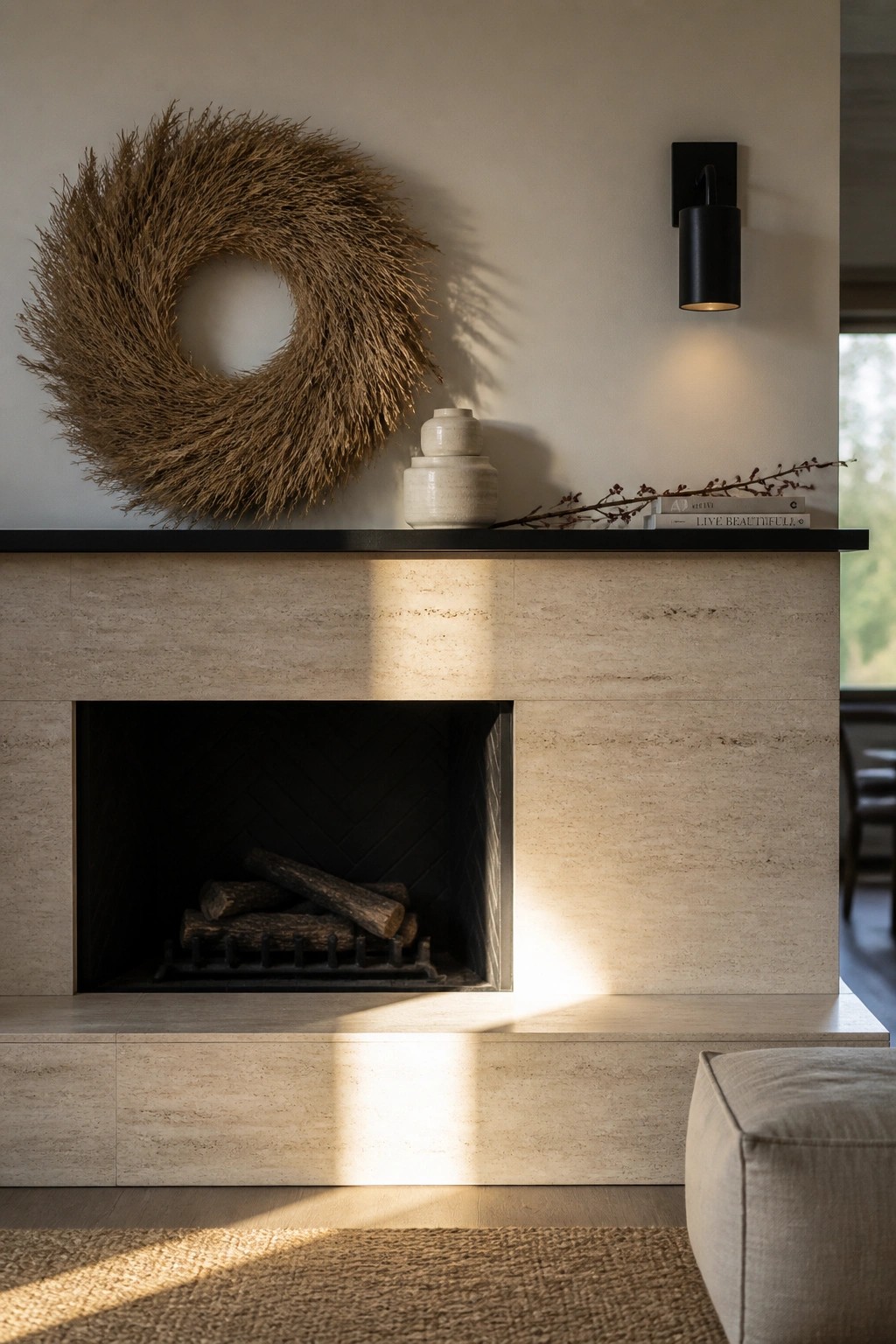A travertine stone fireplace with a large dried grass wreath mounted above the mantel, a black sconce on the wall, and a few simple ceramic pieces on the shelf.