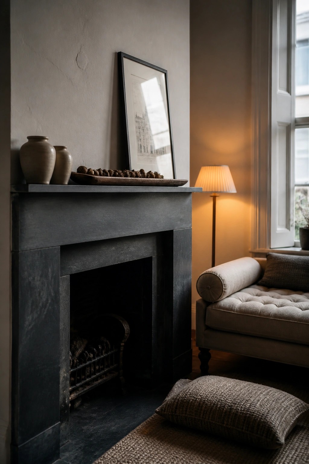 A dark stone fireplace mantel holds two ceramic vases and a wooden tray with small round objects, with a framed artwork leaning against the wall above it in a neutral room.