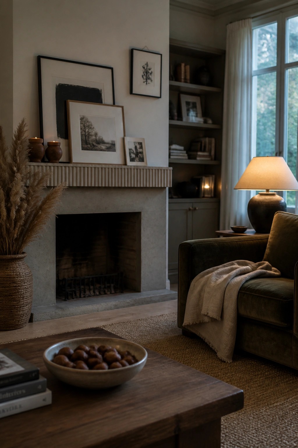 Cozy living room with concrete fireplace, green armchair, wooden coffee table, and bookshelves.