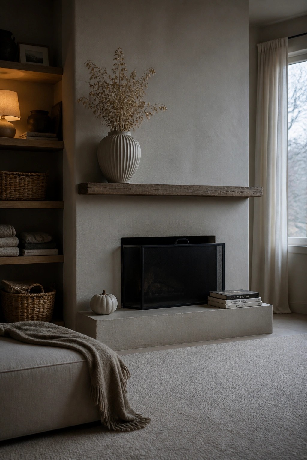 A minimalist fireplace with a wooden mantel shelf holding a ribbed vase filled with dried grasses, next to a small white pumpkin on the hearth.
