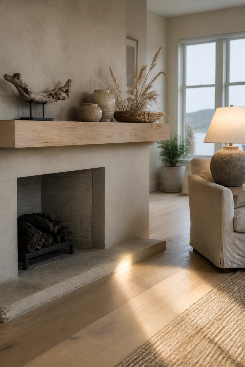 Concrete fireplace with wooden mantel, vases, and dried grasses in sunlit room